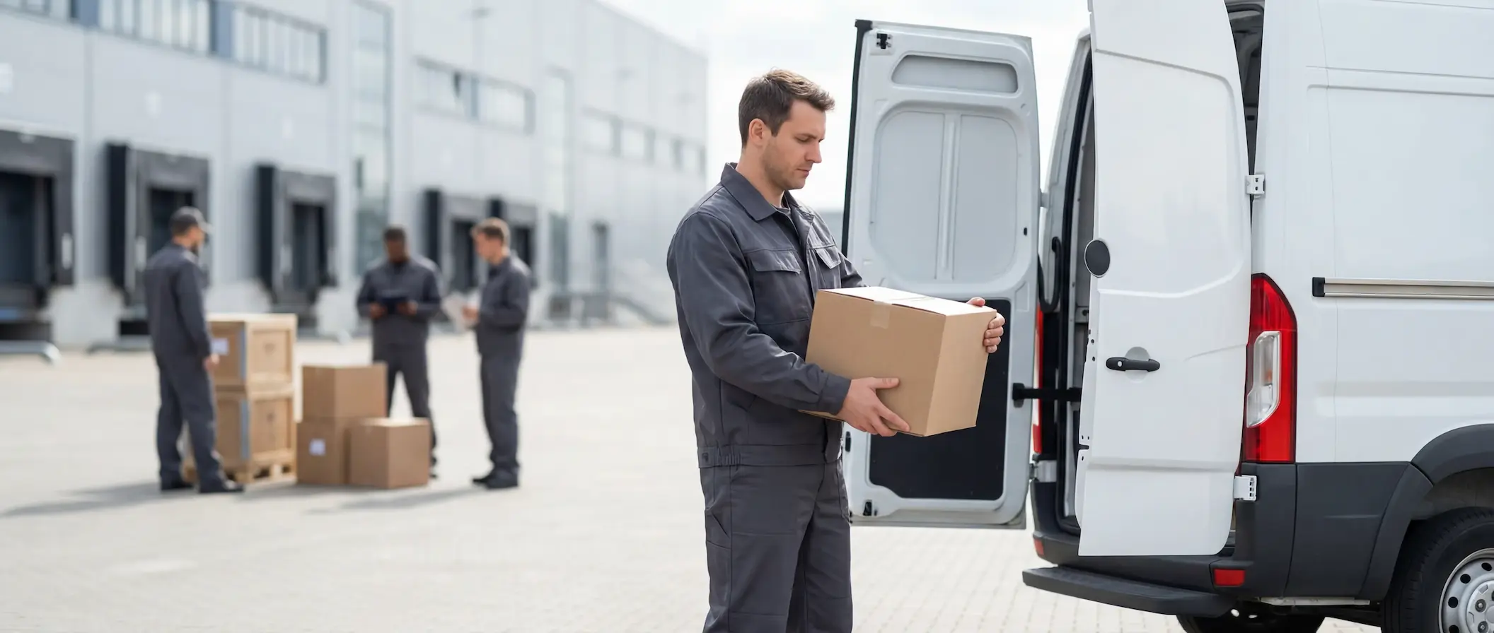Курьер службы доставки СНБ держит картонную коробку у фургона, доставка по Москве
