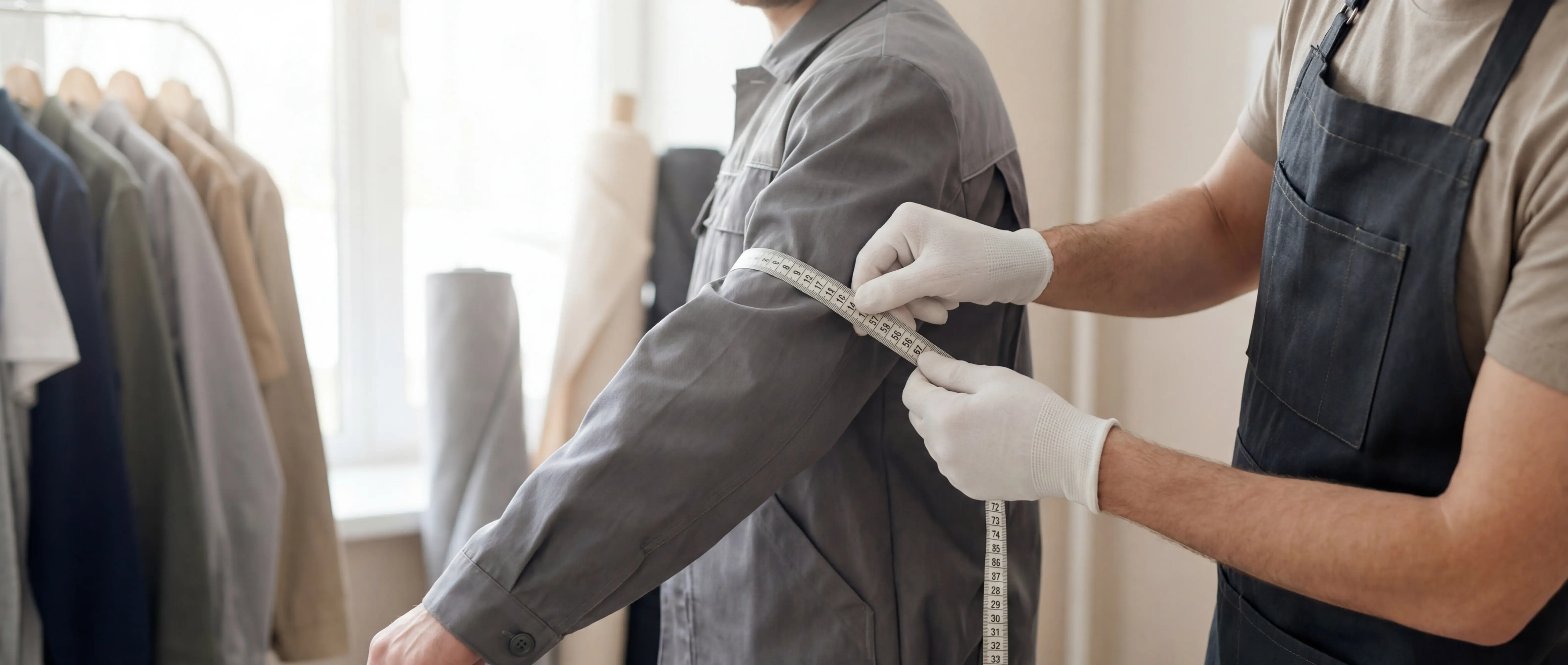 Портной измеряет талию клиента сантиметровой лентой