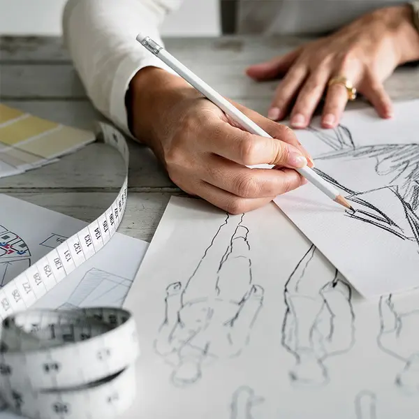 Руки дизайнера рисуют эскизы спецодежды карандашом на бумаге с использованием мерок и образцов ткани в процессе разработки дизайна на заказ