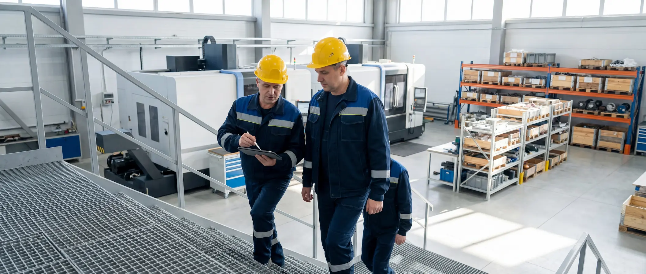 Два работника в желтых касках и спецодежде с планшетом обсуждают процесс закупок на промышленном предприятии
